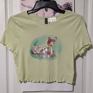 Divided H&M Disney Bambi Thumper Green Short Sleeve Ruffle Trim Cropped T-shirt